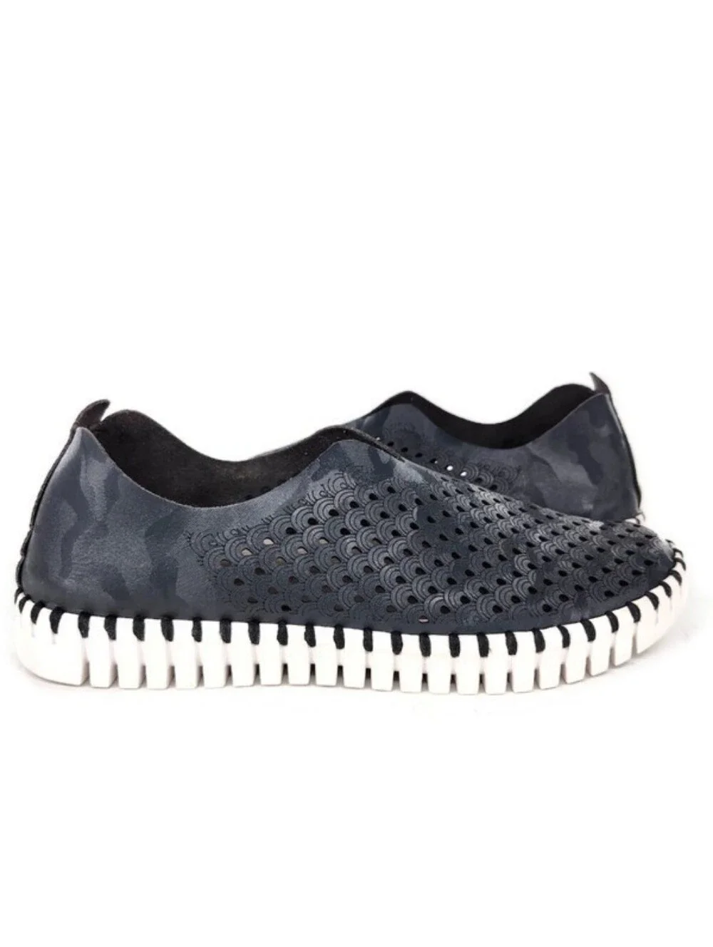 Ilse Jacobsen Tulip Navy Blue Camo Laser Cut Mircofiber Slip-On Loafer Flats
